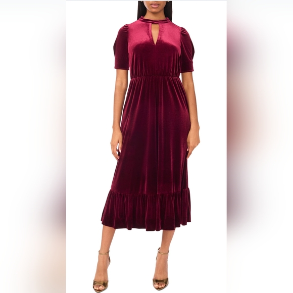 Halogen Dresses & Skirts - NWT - Halogen "Merlot" Velvet Stretch Flounce Hem Lined Midi Dress - Size XL